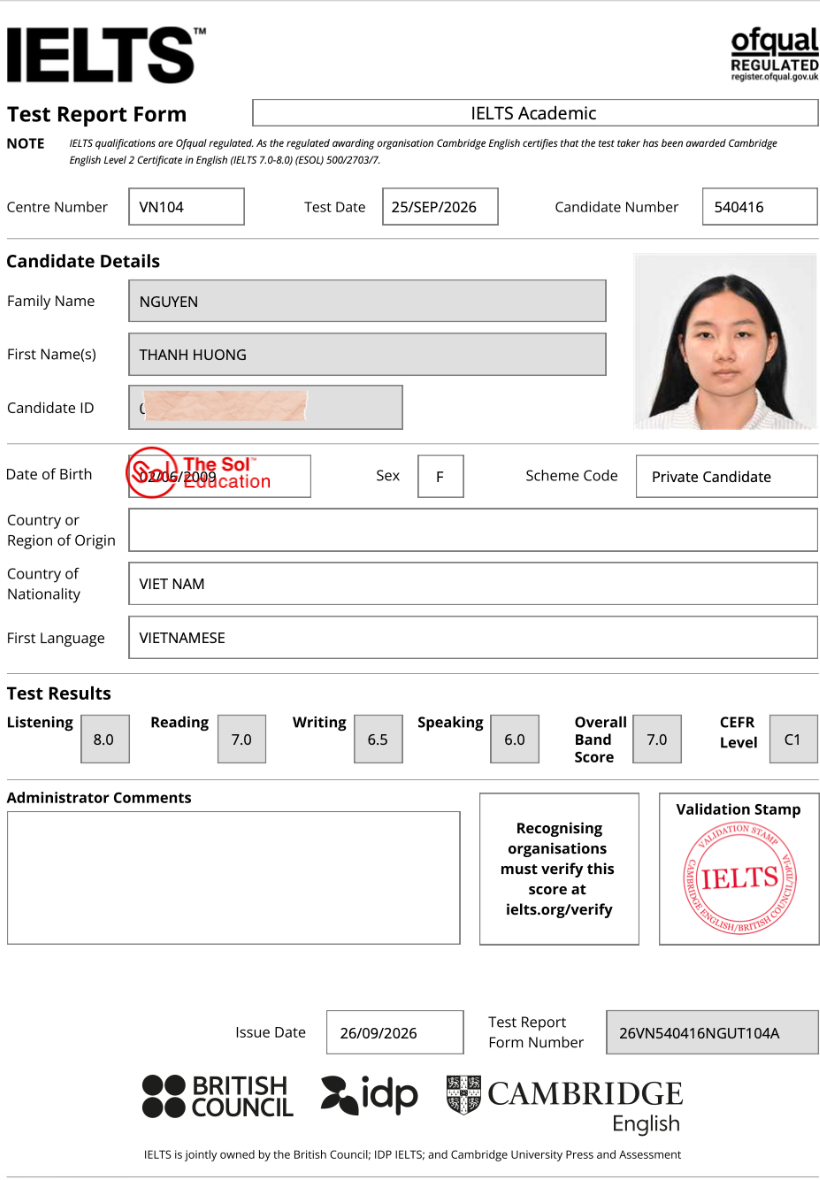 Nguyễn Thanh Hương 7.0 IELTS